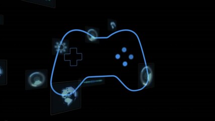 Poster - Animation of glowing game controller with digital icons floating in dark background