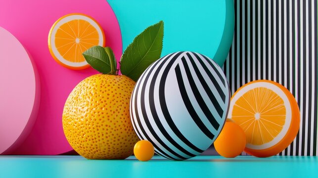 Bright Citrus Still Life with Geometric Shapes and Stripes