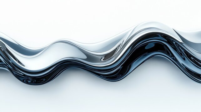 Abstract flowing liquid design.  A smooth, wavy, metallic, silver and dark blue liquid substance flows across a white background.  It's a digital graphic, not a physical object