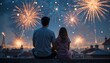 © Aoao - A father and daughter sit together, silhouetted against a night sky filled with vibrant, bursting fireworks over a cityscape. A heartwarming scene of shared wonder.