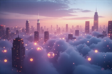 Wall Mural - cityscape at night with tall buildings piercing through fluffy clouds. warm lights illuminate the ci