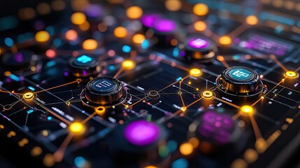 Futuristic interface control panel; glowing nodes; digital network; data processing; tech background
