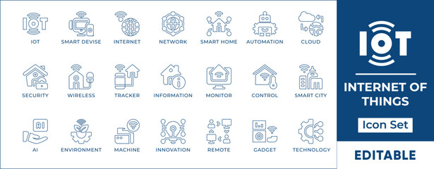 Aufkleber - Modern flat-style IoT line icon set featuring smart devices, connected home, automation, sensors, cloud syncing, data transfer, and real-time monitoring for smart living.