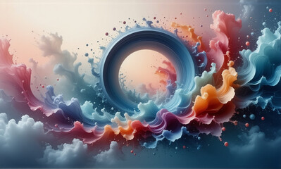 Wall Mural - a circular portal floats amidst swirling clouds of soft pastel colors such as pink, blue, orange, an