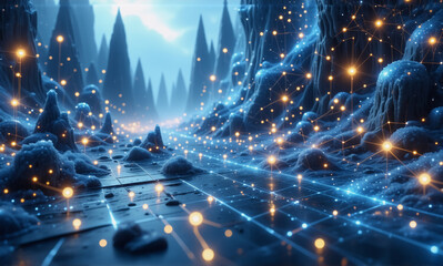 Poster - a digital canyon glows with blue light, featuring network lines and orbs connecting dark, futuristic