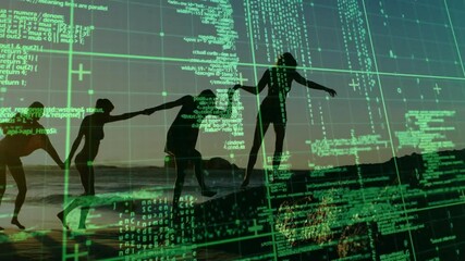 Aufkleber - Animation of silhouetted people on rocks with digital code overlay in background