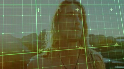 Poster - Grid overlay animation on person with long hair outside in natural setting