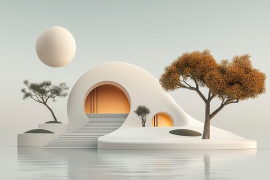 Minimalist White Organic Structure on Calm Water with Stylized Trees and Sphere