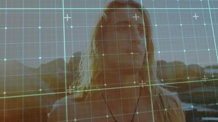 Poster - Outdoors, person with long hair under animated grid overlay effect