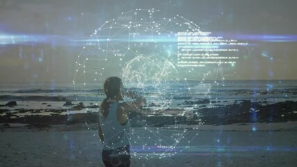Poster - Interacting with digital network interface, person standing on beach with animation