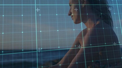 Poster - Gazing at ocean, woman viewing digital animation overlay on scene