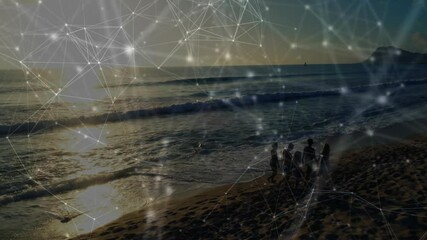 Poster - network of connections and data processing animation over people walking on beach