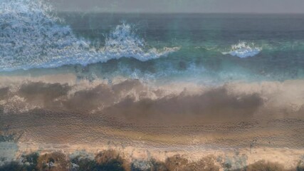 Poster - Animation of waves crashing on sandy beach with layered artistic texture effect