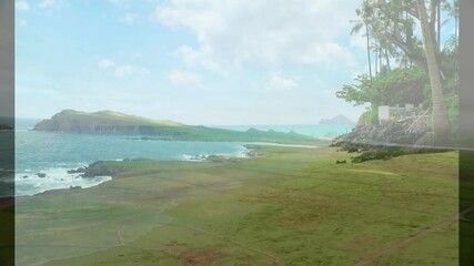 Poster - Lush greenery and rocky cliffs by ocean, scenic coastal landscape animation