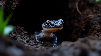 Poster - Close-up view of a small amphibian with dark and light markings emerging from a dark burrow in the ground. The amphibian's eyes are visible, and it appears curious. The background is dark and earthy