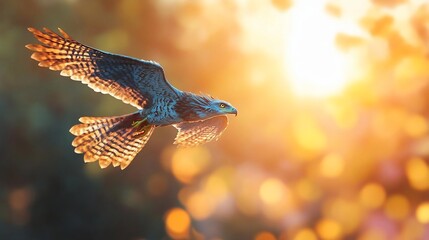 Aufkleber - Majestic hawk in flight at sunset, golden light illuminating its feathers against a bokeh background. The bird's details are sharp, contrasting with the soft, blurry background