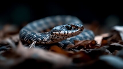 Aufkleber - Close-up of a dark gray and blue snake coiled on a bed of brown leaves, lit with dramatic low-key lighting. The snake's head is raised, showcasing intricate scales and intense gaze