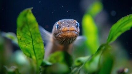 Aufkleber - Close-up view of a small, light brown eel-like fish with dark markings, peering from behind vibrant green aquatic plants. The background is dark and blurred, focusing attention on the fish