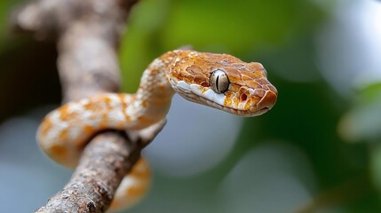 Poster - Close-up of a small, light brown and tan snake coiled around a tree branch against a blurred green background. The snake's head is slightly raised, and its eyes are visible.  The image has a shallow