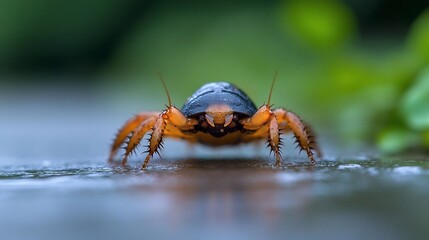 Poster - Close-up of a dark-blue and orange insect with spiny legs, on a wet surface, with a blurred green background.  The insect is in sharp focus