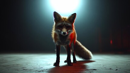 Aufkleber - A red fox stands in a dark, moody setting, illuminated by a bright light source. The fox's fur is detailed, and its expression is intense. The background is dark and blurry, providing a strong