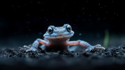 Poster - Close-up of a small, bluish-gray frog sitting on dark soil against a black background with water droplets. The frog has large, dark eyes