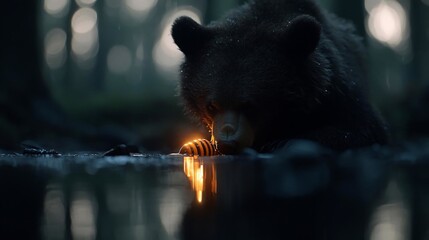 Poster - Brown bear foraging near a calm body of water at dusk, its reflection visible in the still surface. The bear appears to be interacting with a honeycomb or similar object, illuminated by a warm