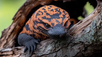 Poster - Close-up of an orange and black lizard peering from a weathered tree trunk.  The lizard's scales and intense gaze are highlighted against the natural wood texture