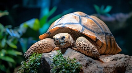 Poster - Close-up of a large tortoise resting on a mossy rock, surrounded by lush green foliage.  The tortoise's shell is light brown with dark markings. Soft, natural lighting