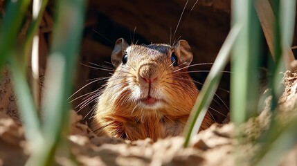 Poster - Close-up view of a prairie dog peeking from its burrow, surrounded by tall grasses.  The prairie dog has light brown fur and expressive blue eyes