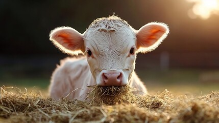 Poster - Close-up of a light-cream calf lying in hay, illuminated by warm, golden sunlight. The calf's pink nose and ears are prominent against its soft fur