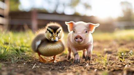 Poster - A duckling and piglet stand side by side in a lush green field, bathed in warm sunlight. The scene is peaceful and evokes a sense of friendship between unlikely animal companions
