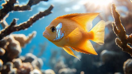 Aufkleber - Vibrant orange fish swims amidst underwater coral reef, sunlit scene. Detailed view of scales and fins. Shallow depth of field