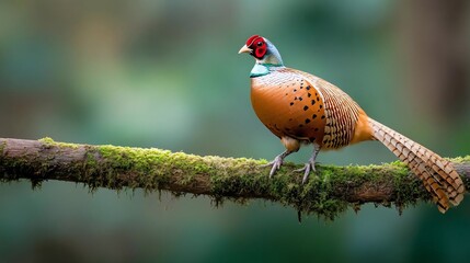Poster - Vibrant pheasant perched on a moss-covered branch, set against a blurred green background.  The bird's plumage displays intricate patterns of brown, orange, and blue