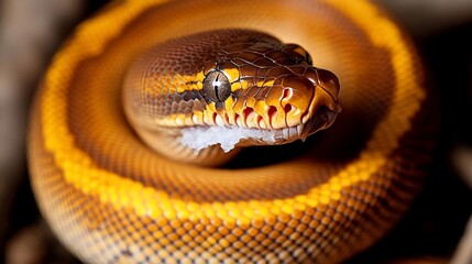 Poster - Close-up of a brown and yellow snake coiled, its head slightly raised, showing intricate scales and a textured skin. The lighting highlights the snake's details