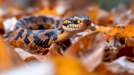 Aufkleber - Close-up of a snake with orange, black, and yellow scales resting on a bed of autumn leaves. The snake's head is slightly raised, and its eyes are visible. The background is blurred, focusing