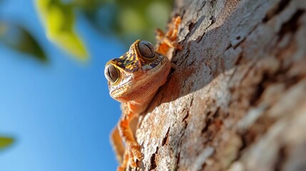 Poster - Close-up of a small, orange reptile on a tree trunk against a bright blue sky. The reptile's textured skin and large eyes are clearly visible