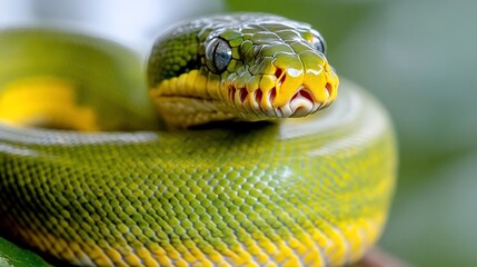 Poster - Close-up of a vibrant green snake with yellow underbelly, coiled on a branch against a blurred green background.  The snake's scales and textured skin are visible