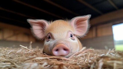 Poster - Close-up of a light brown piglet lying on straw in a barn. The piglet has large ears and looks directly at the camera
