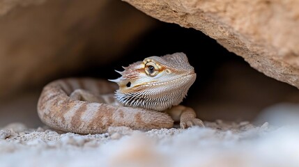 Poster - Close-up of a bearded dragon lizard resting in a sandy crevice under a rock. The lizard is light brown and tan with darker markings, its body curled slightly. Soft, diffused natural lighting
