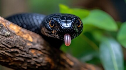 Poster - Close-up of a black snake with a pink tongue sticking out, resting on a tree branch with lush green foliage in the background