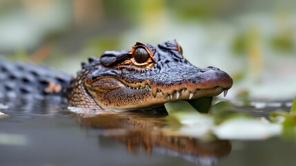 Aufkleber - Close-up view of an alligator in dark, still water, partially submerged among aquatic plants. Its dark brown and orange scales are visible, along with its eyes and snout. The shallow depth of field
