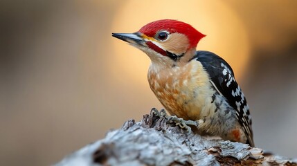 Aufkleber - Close-up of a red-crowned woodpecker perched on weathered wood, backlit by a warm sunset. The bird's vibrant plumage is sharply detailed against a blurred background
