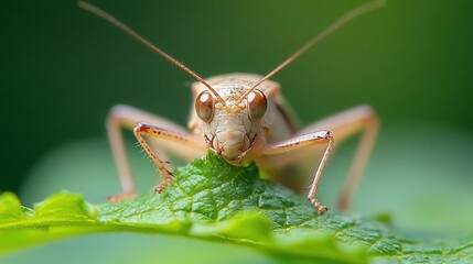 Poster - Close-up of a light brown insect with long antennae perched on a vibrant green leaf.  The insect's details are sharply in focus against a blurred green background