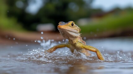 Poster - Close-up of a yellow and green lizard emerging from shallow water, splashing droplets visible.  The lizard has a textured skin and appears alert. The background is blurred, showing natural
