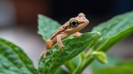 Poster - Close-up of a small brown gecko perched on a vibrant green leaf, set against a blurred background. The gecko's details and texture are sharply in focus
