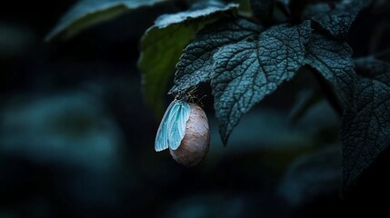 Poster - Close-up of a pale blue butterfly emerging from its chrysalis on a dark green leaf. The image is darkly lit, creating a moody and mysterious atmosphere