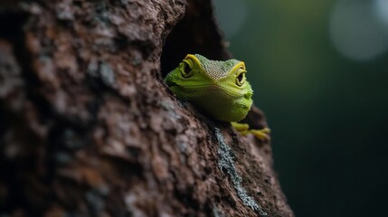 Poster - Close-up of a vibrant green lizard peeking from a dark brown tree trunk hole.  The lizard's skin is textured, and the background is blurred, focusing attention on the reptile