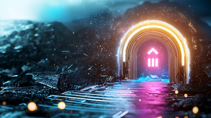 Poster - Digital portal activation futuristic landscape 3d render sci-fi environment wide angle view abstract concept