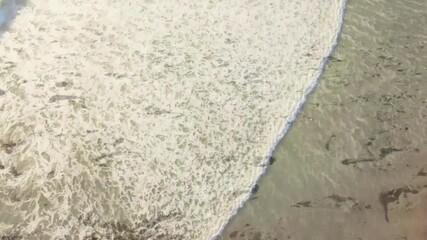 Poster - Waves washing over sandy beach with footprints and seaweed scattered around